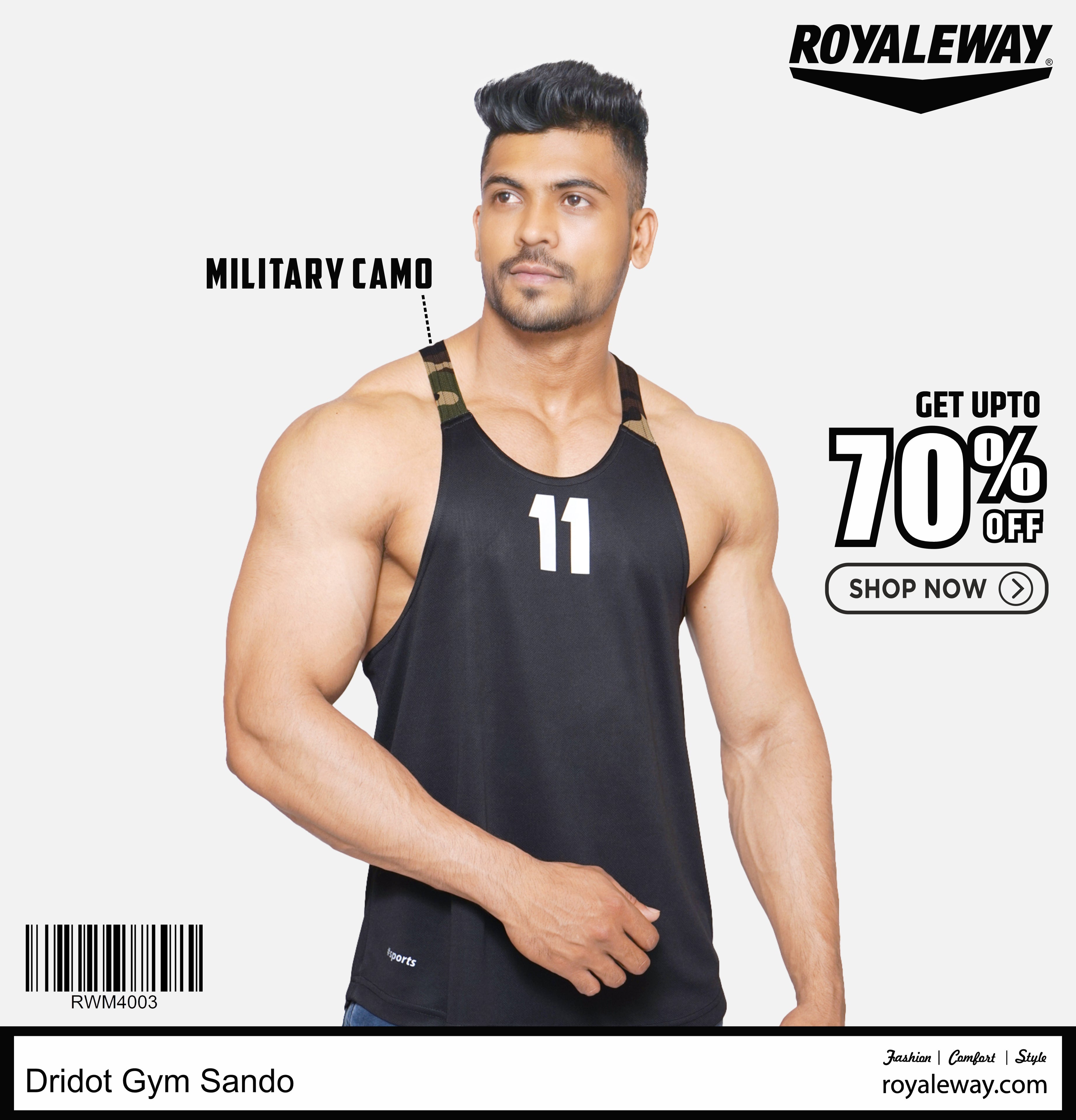 Unveiling Excellence: DriDOT Gym Sando in Black Military Camo for Men RWM4003