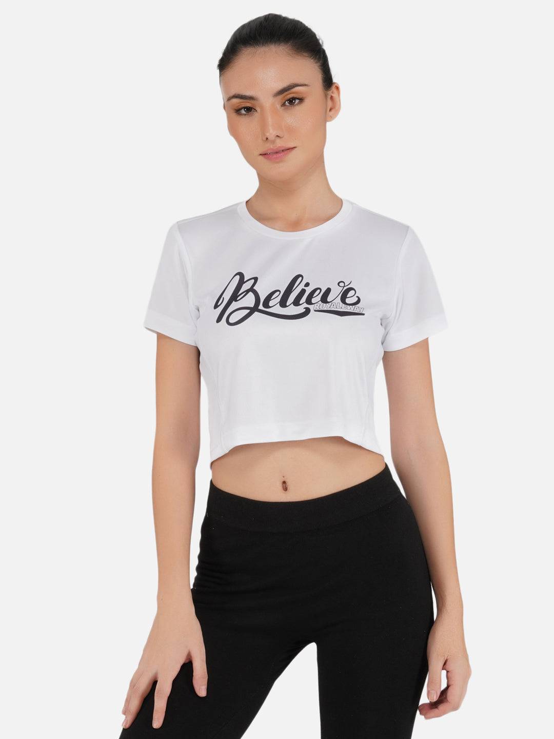 DriDOT Crop Top T Shirt Apparel Long Back Believe White Women RWW2034 Long Back Crop Top - royaleway.com