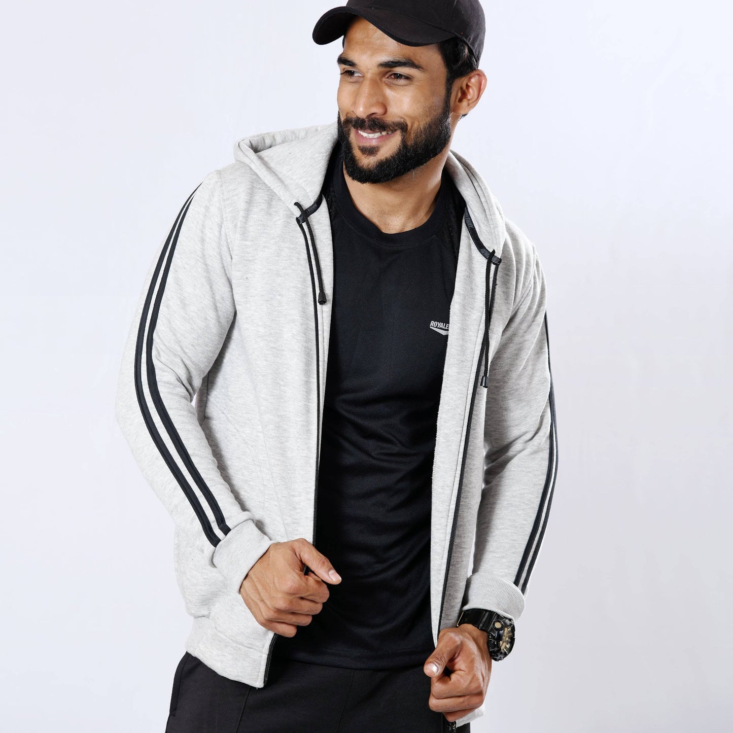 FLEECE HOODIE JACKET WHITE GREY HEATHER