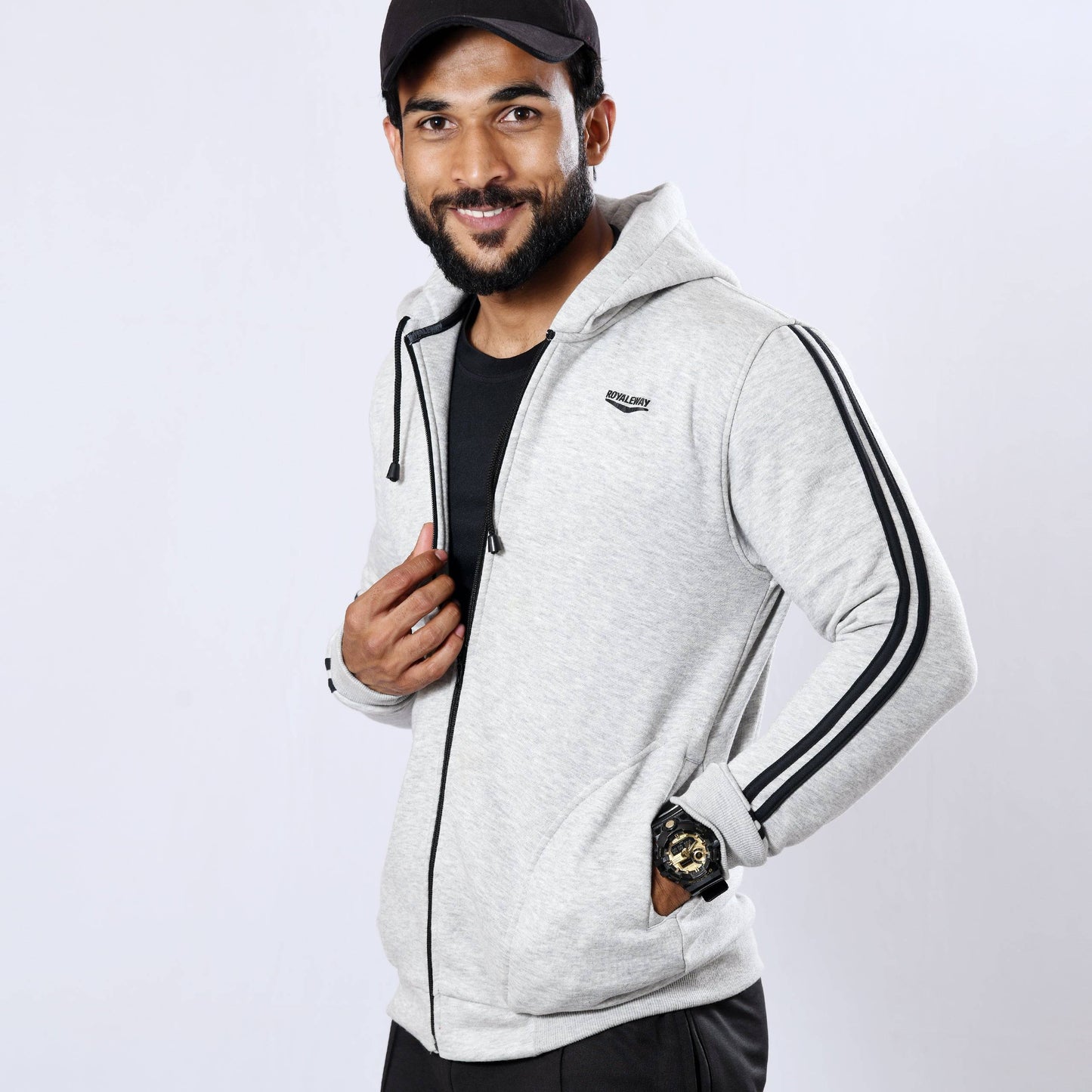 FLEECE HOODIE JACKET WHITE GREY HEATHER