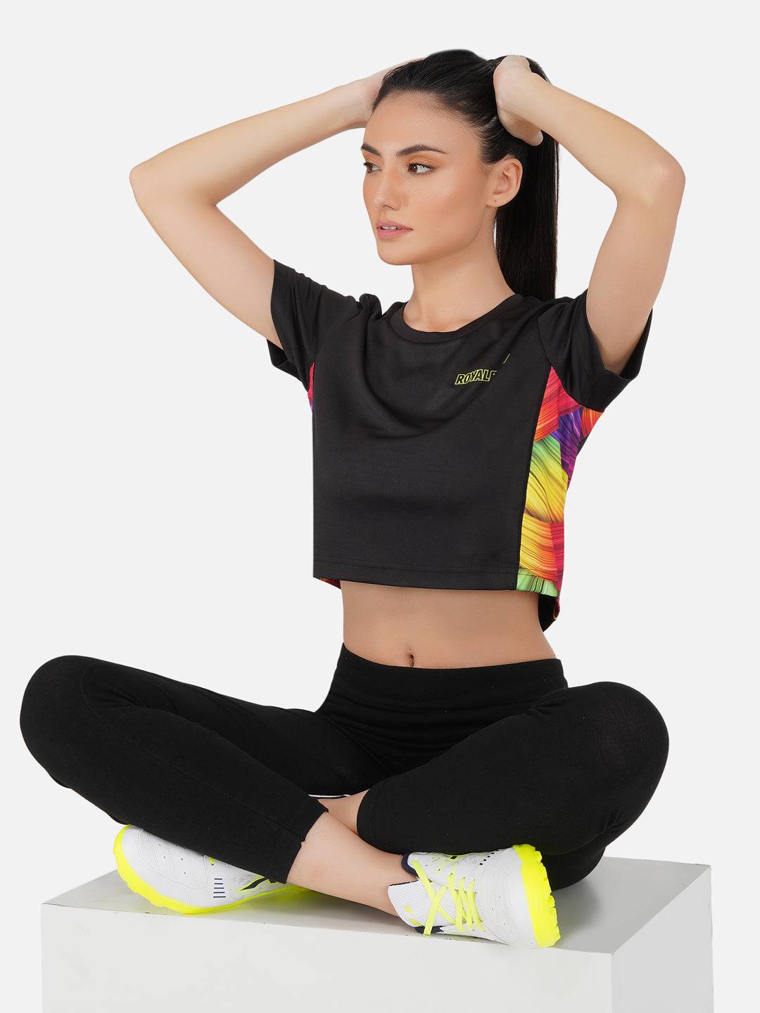 LONG BACK CROP TOP BLACK AND MULTI COLOR RWW2030