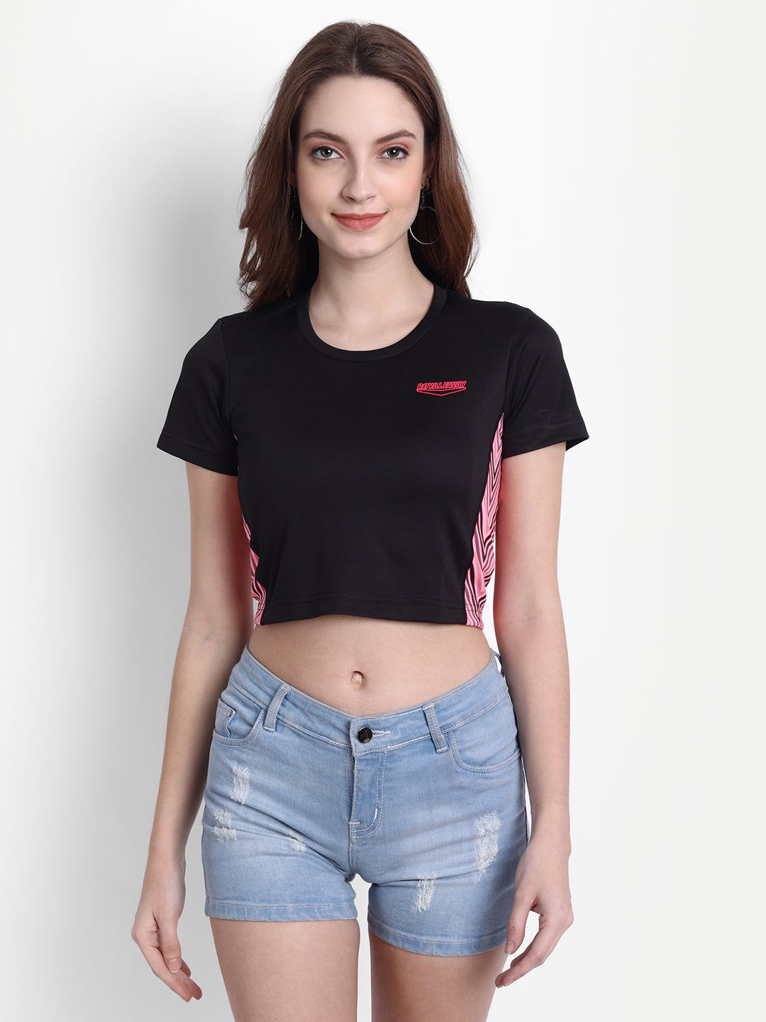 DriDOT Crop Top T Shirt Apparel Long Back Black and Pink Women RWW2040