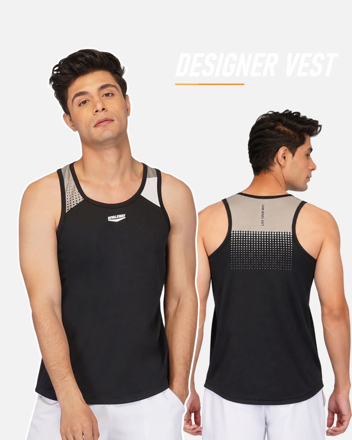 A man modeling a black athletic tank top with gray mesh and dotted pattern details on the chest and back, shown from both front and back views against a light gray background with 'DESIGNER VEST' text.