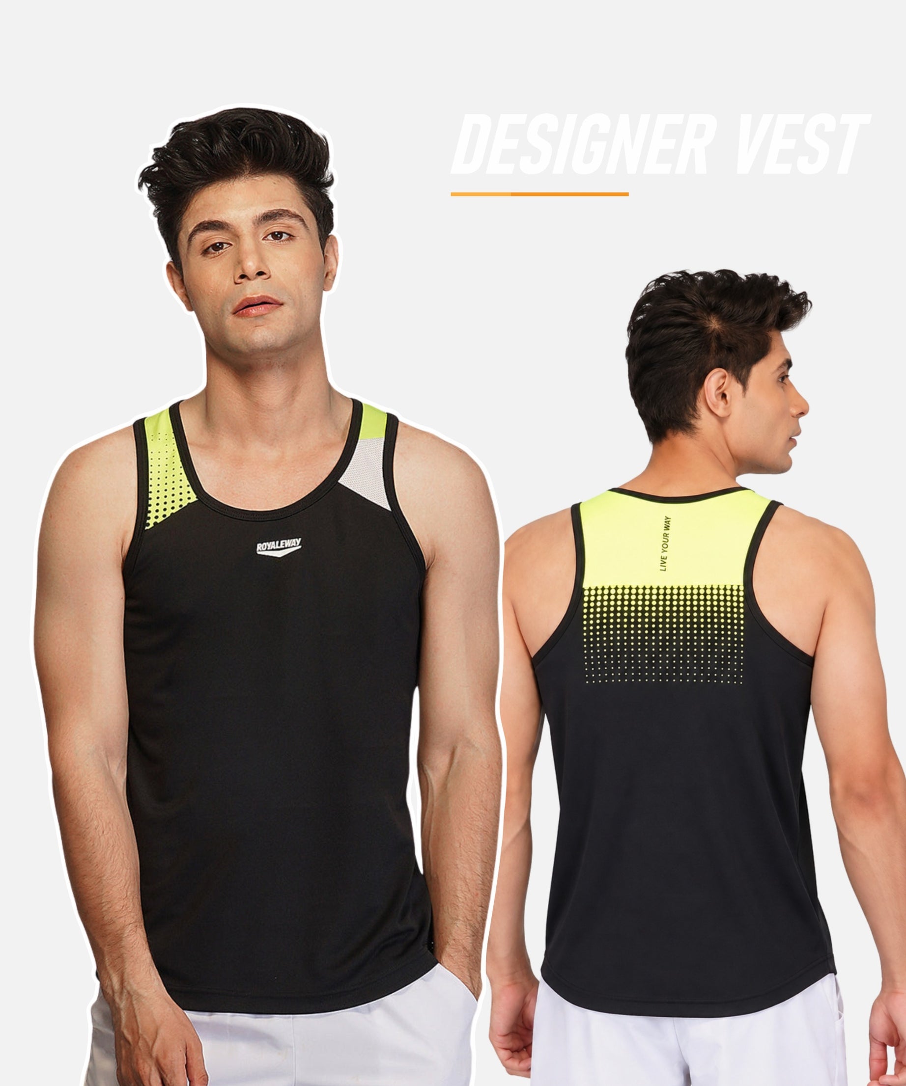 A man modeling a black athletic tank top with neon yellow-green gradient accents on the chest and back, shown from both front and side-back views against a light gray background with 'DESIGNER VEST' text.