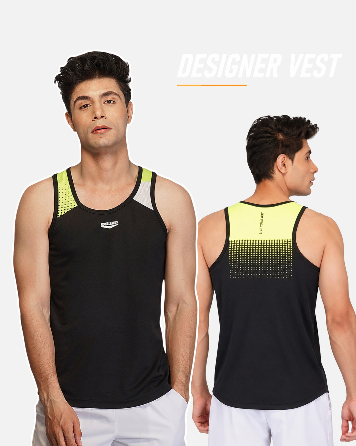 A man modeling a black athletic tank top with neon yellow-green gradient accents on the chest and back, shown from both front and side-back views against a light gray background with 'DESIGNER VEST' text.