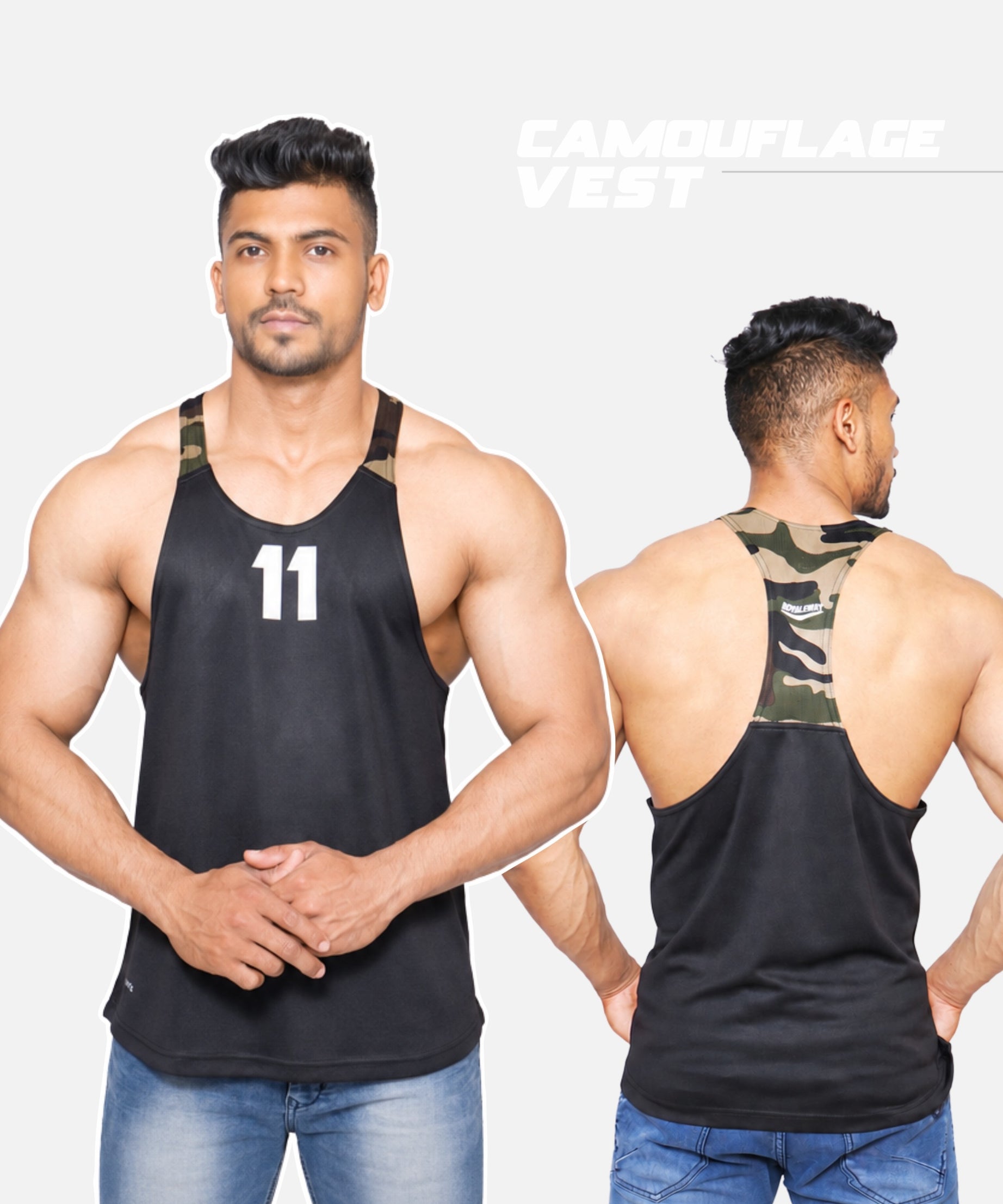 A muscular man modeling a black camouflage tank top with the number 11 on the front, shown from both the front and back views against a light gray background with 'CAMOUFLAGE VEST' text.