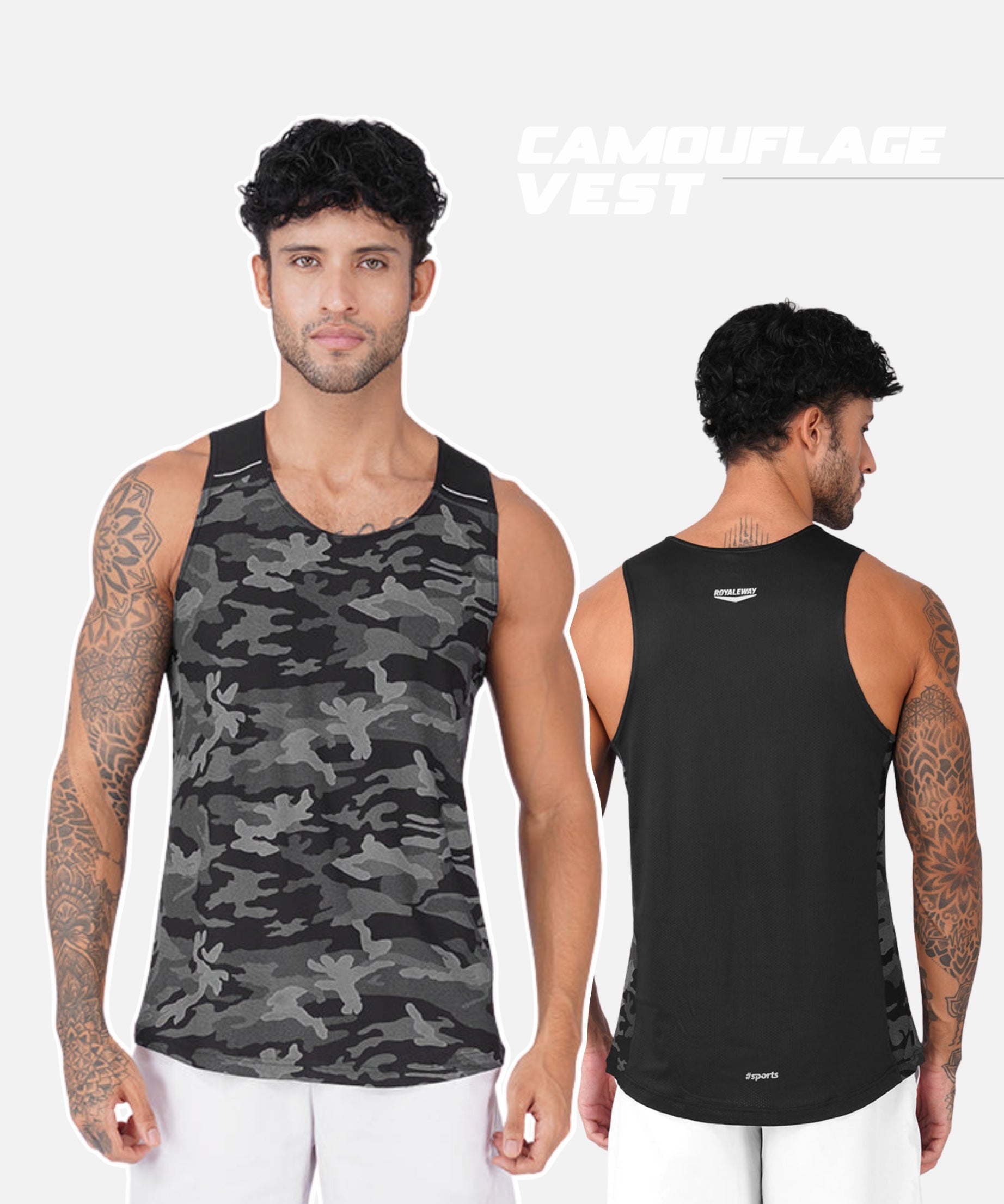 A male model shown from the front and back wearing a sleeveless athletic vest. The front view shows a dark gray and black camouflage pattern, while the back view shows a solid black color.