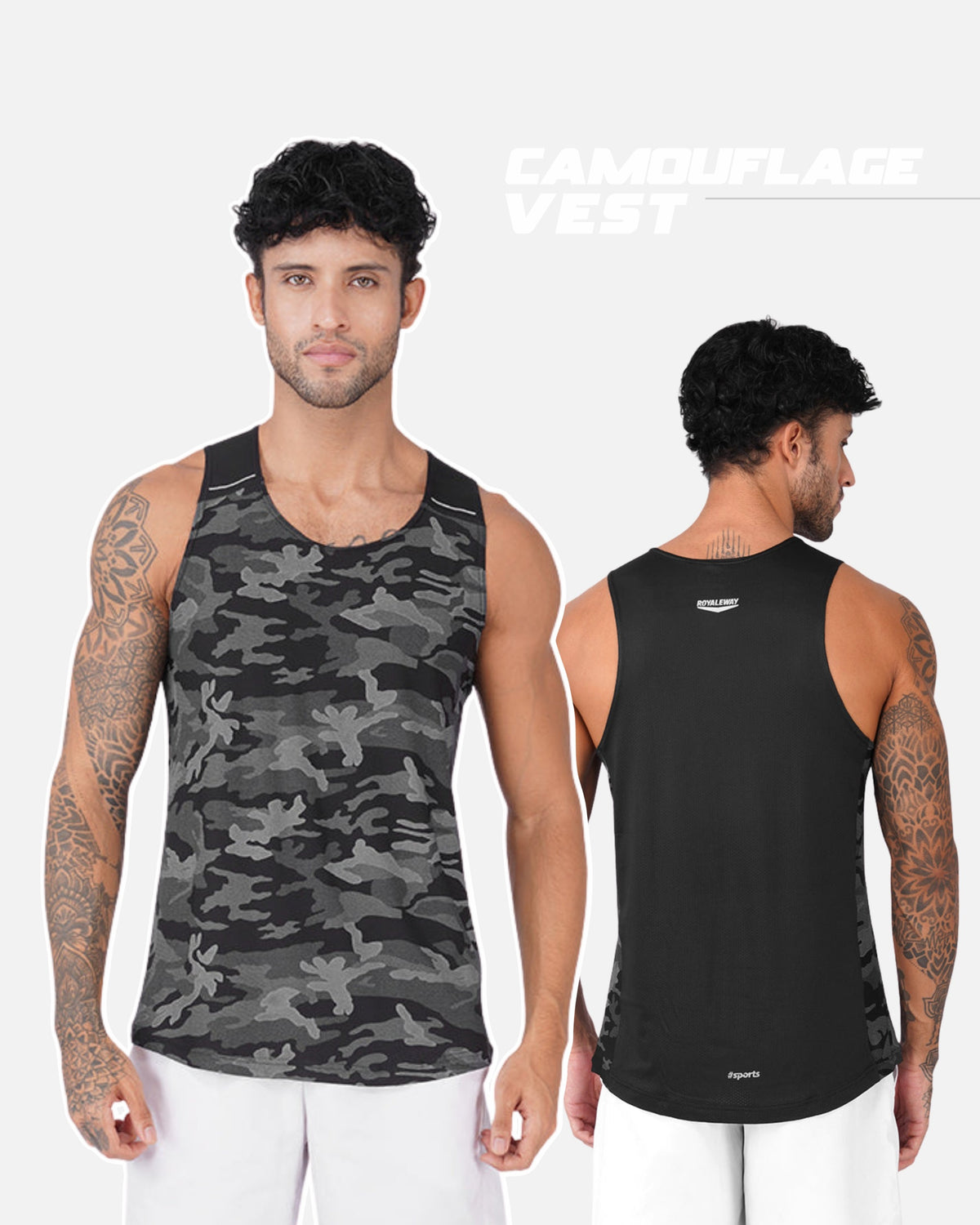A male model shown from the front and back wearing a sleeveless athletic vest. The front view shows a dark gray and black camouflage pattern, while the back view shows a solid black color.
