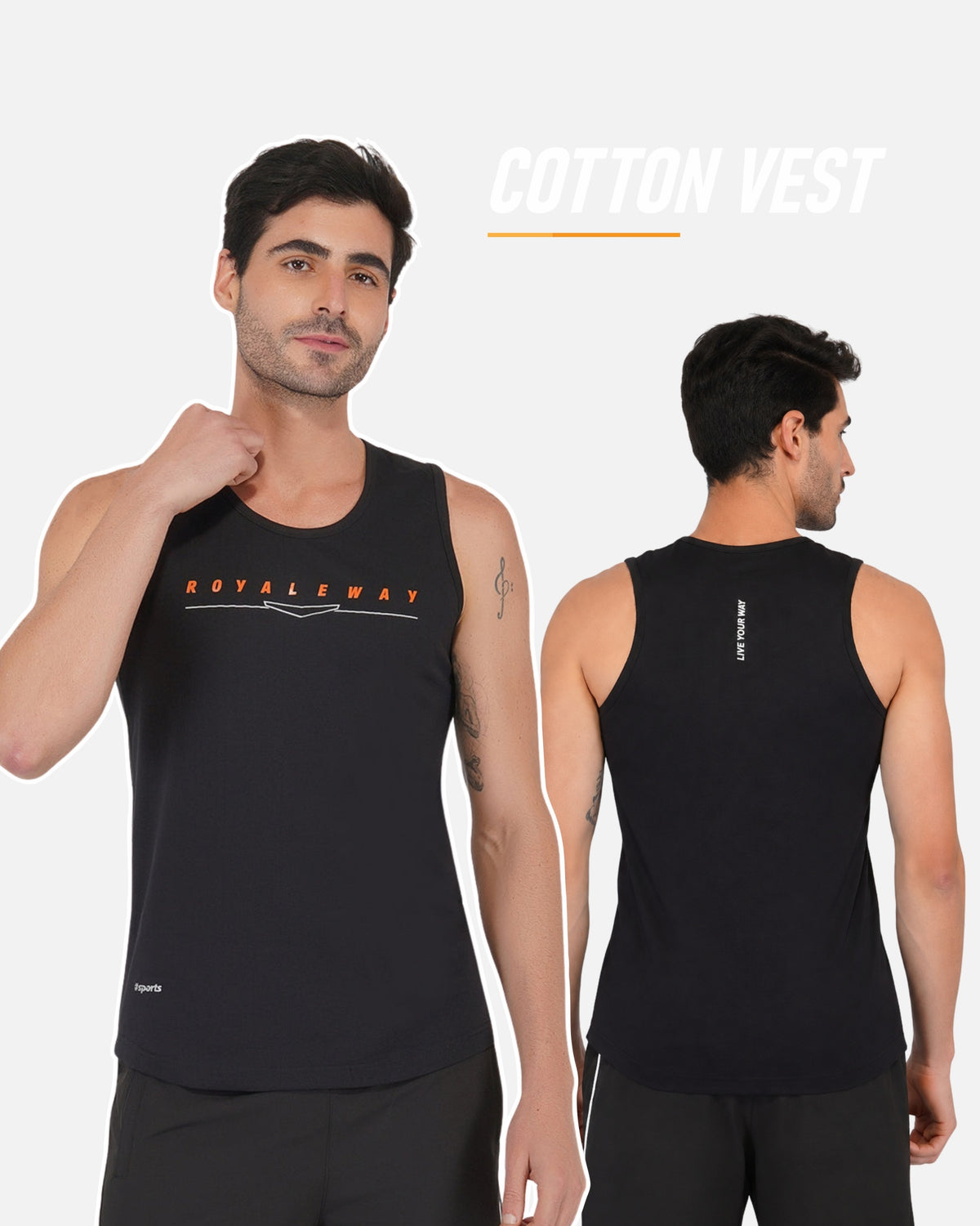 A man modeling a black sleeveless athletic vest, shown from both the front and back against a light gray background. The front features the brand name 'ROYALEWAY' in orange and white, and the back has a small vertical white logo.