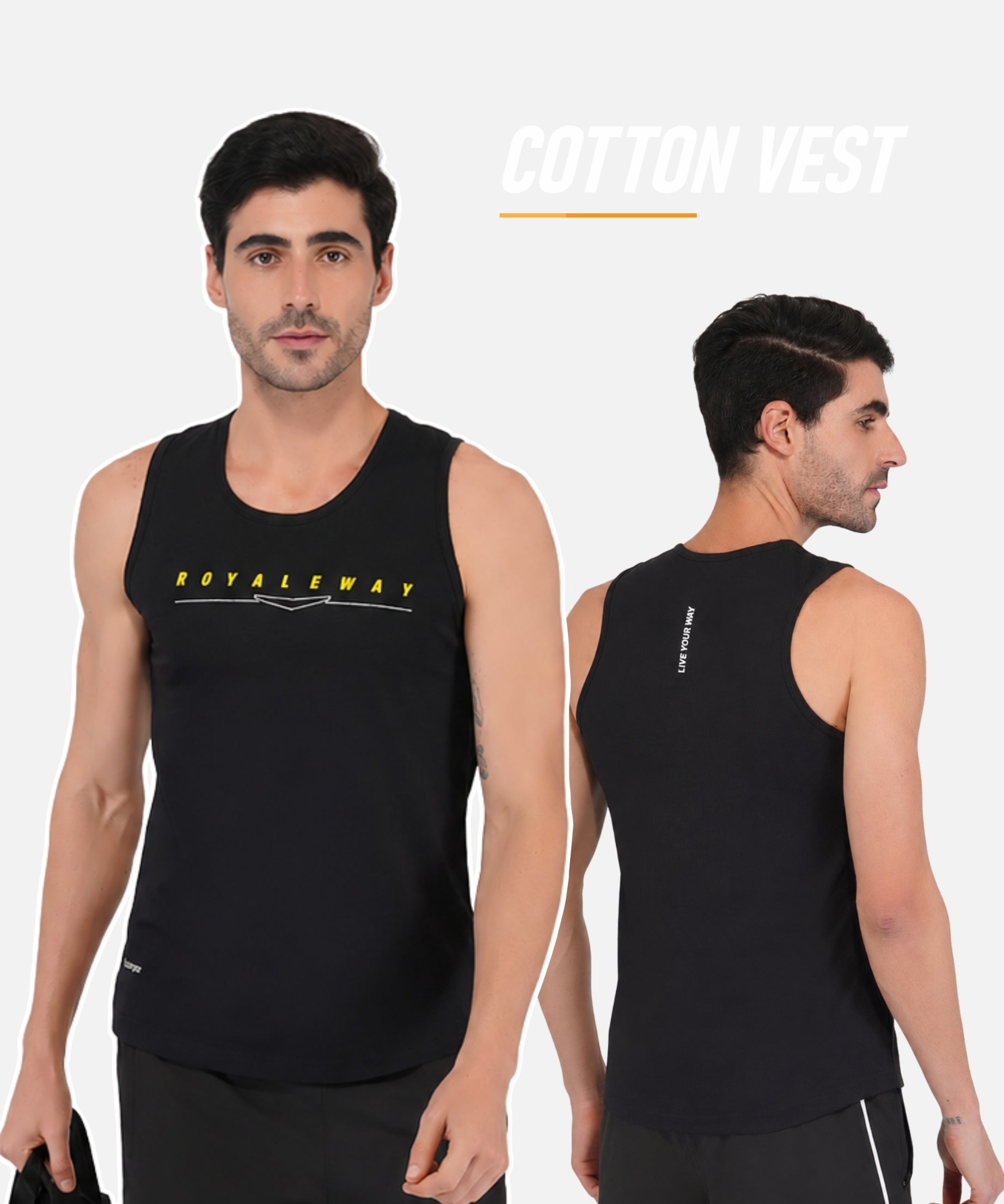 A man modeling a black cotton tank top vest, shown from both the front and back views against a light gray background. The front features a yellow 'ROYALEWAY' logo across the chest, and the back is plain black.