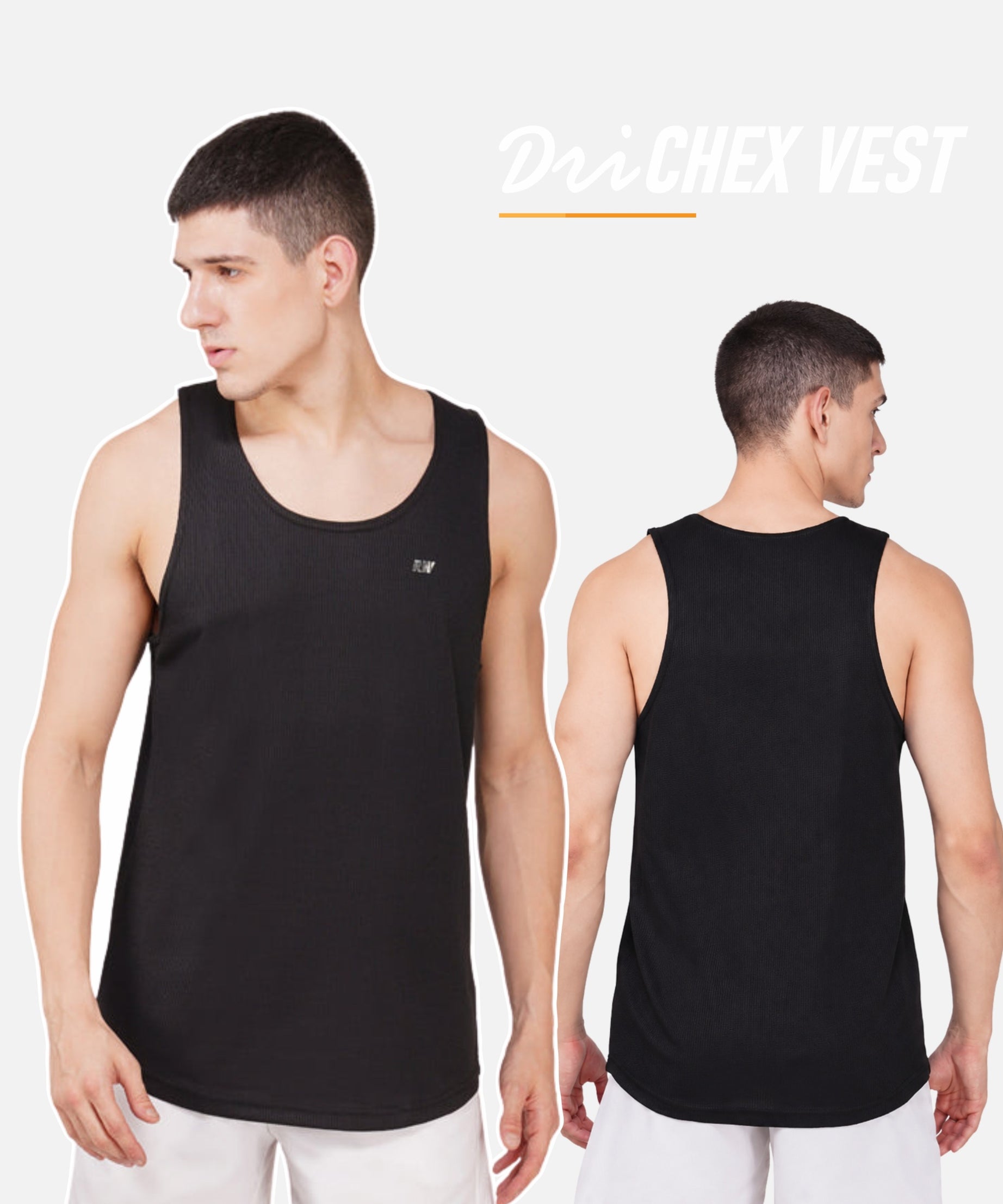 A man modeling a black sleeveless tank top from both front and back views against a light gray background, with the text 'DriCHex VEST' at the top right.