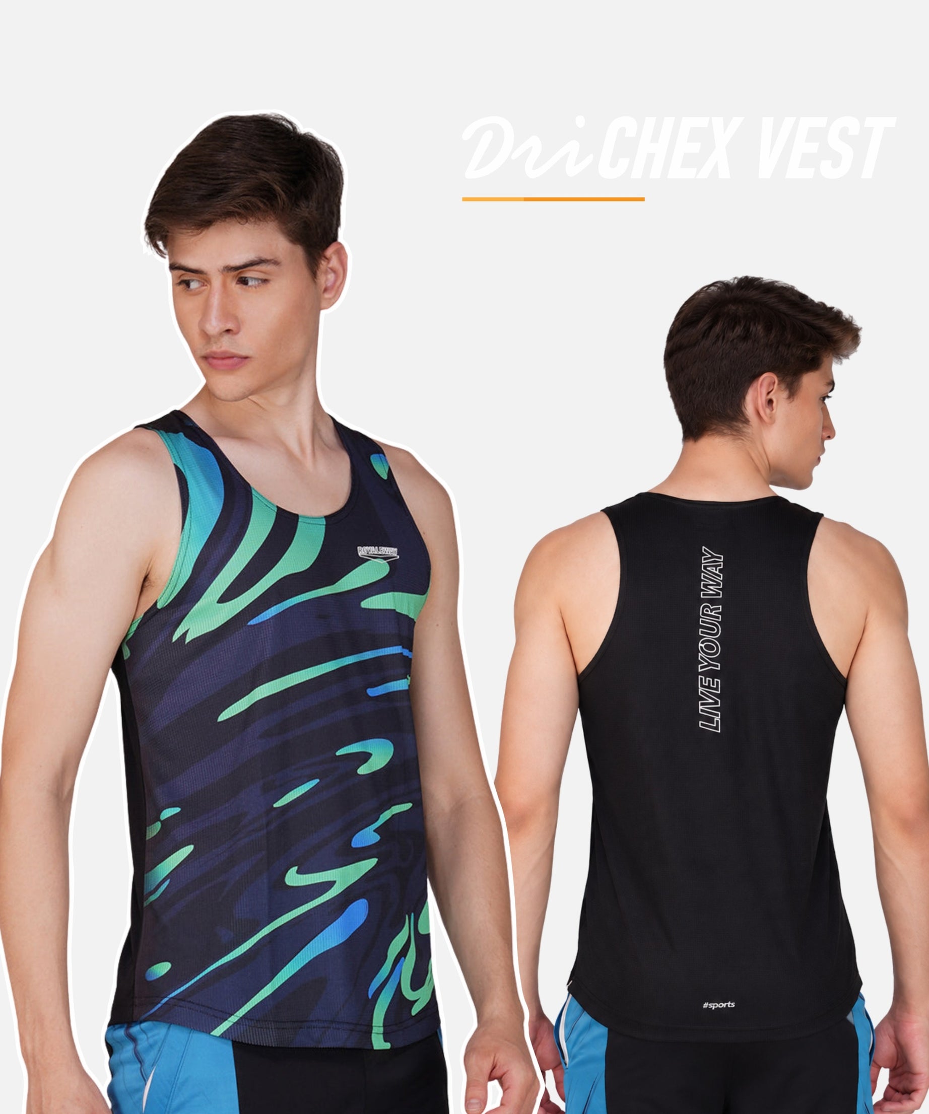 Two male models wearing athletic tank vests against a light gray studio background. The left model shows the front of a black vest with abstract teal and green wave patterns, and the right model shows the back of a black vest with vertical white text.