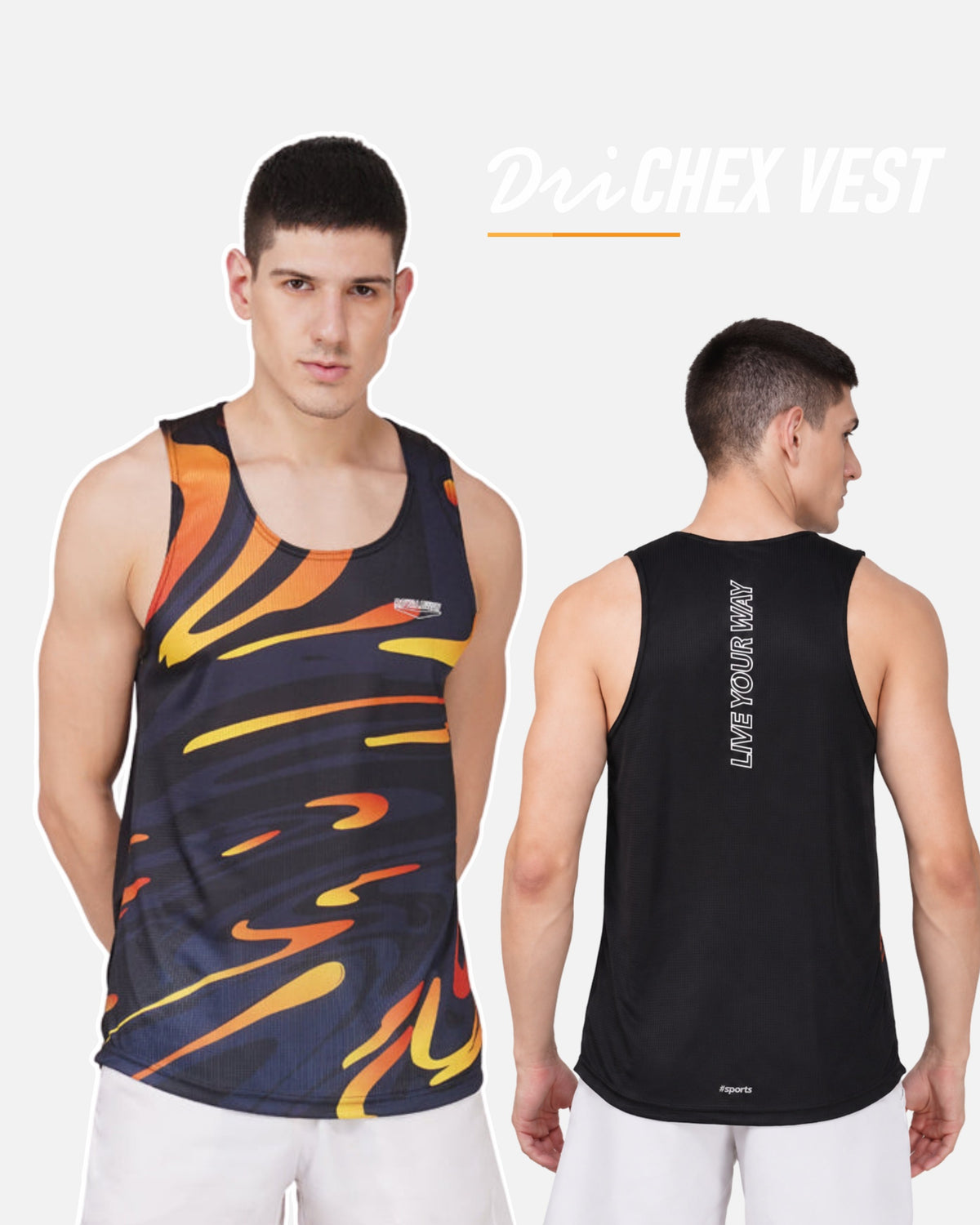 A man modeling a black athletic tank top shown from both front and back against a light gray studio background. The front has a dark abstract flame-like pattern in orange, yellow, and red, while the back is solid black with vertical white text reading 'DRIVE YOUR BODY.
