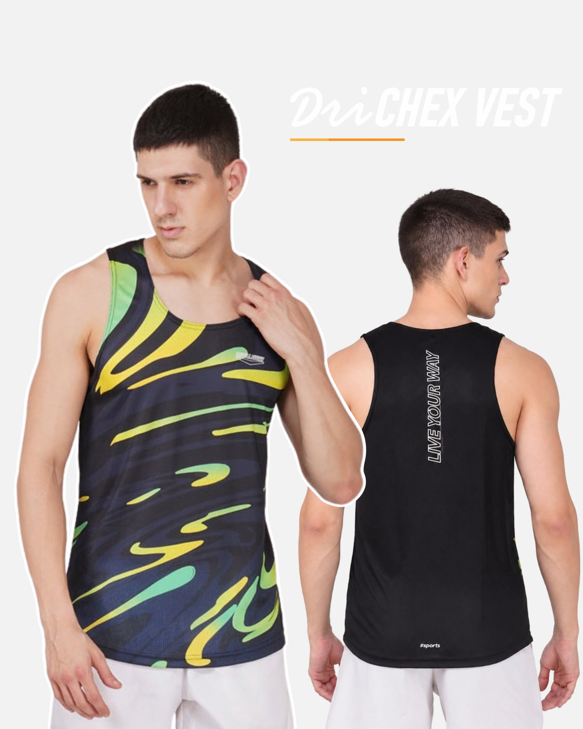 A man modeling a sleeveless athletic vest, shown from both front and back against a light gray studio background. The front view shows a dark navy base with abstract yellow and green wave-like patterns, while the back view shows a black vest with vertical white text reading 'DRI-CHEX VEST' and 'LONG JUMP SPECIAL'.
