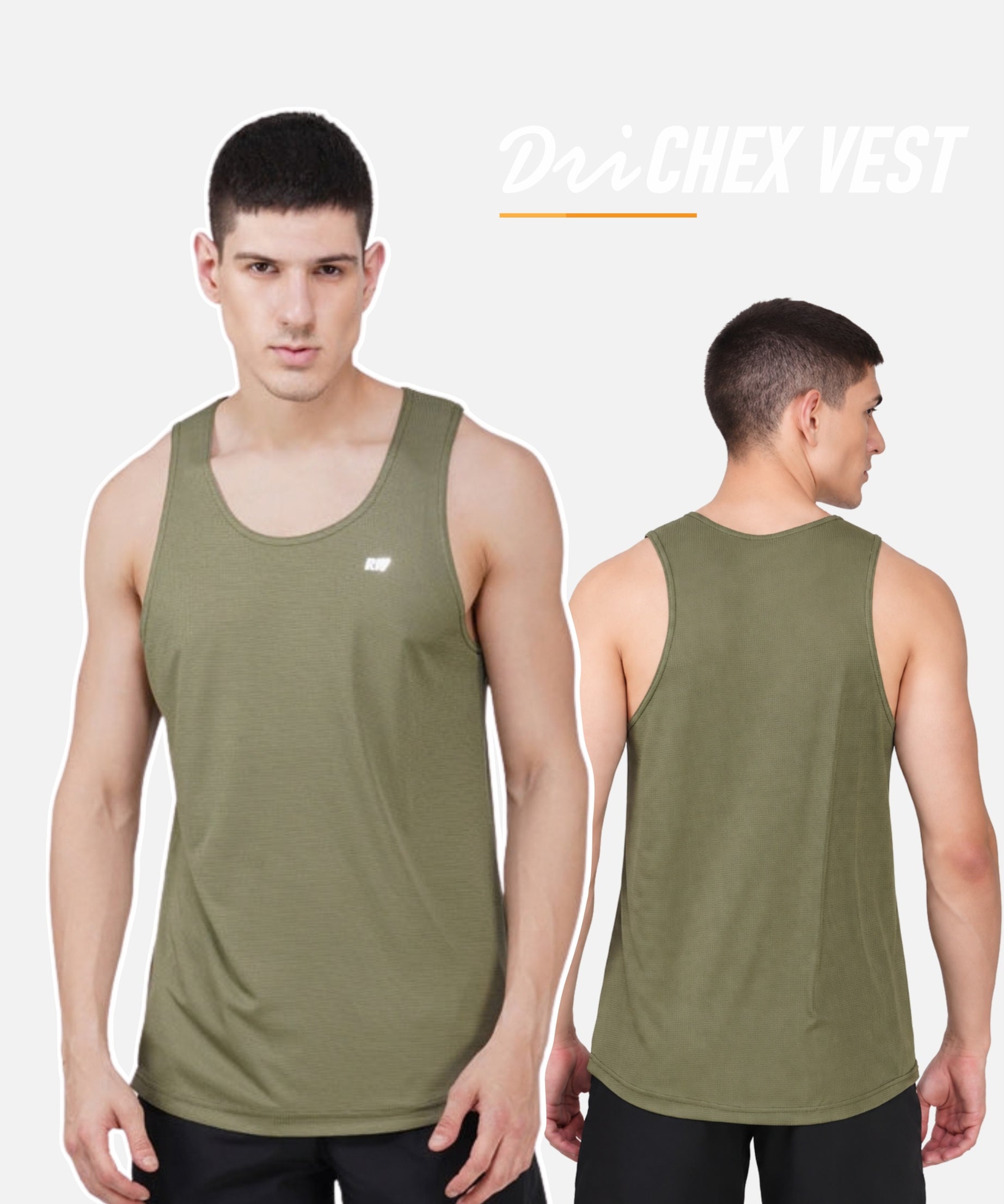 A man modeling an olive green athletic tank top, shown from both the front and back views against a light gray background. The text 'DriCHEX VEST' is displayed at the top right.