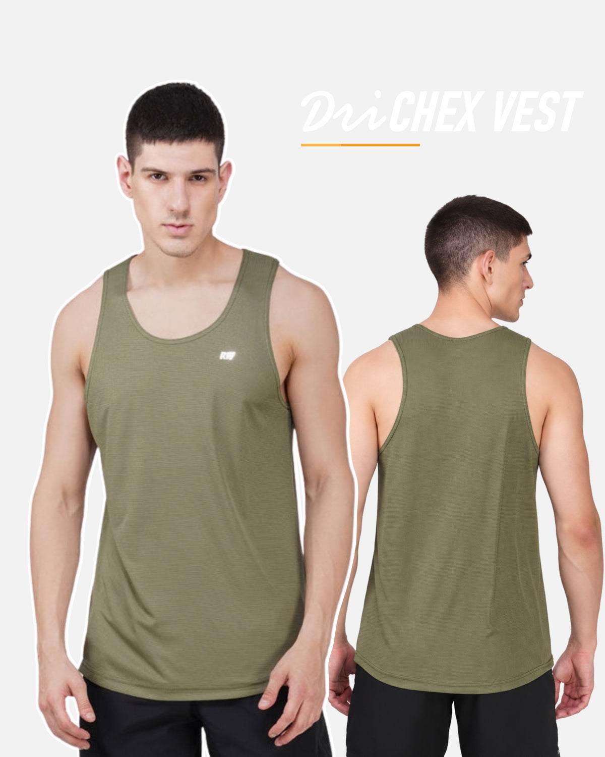 A man modeling an olive green athletic tank top, shown from both the front and back views against a light gray background. The text 'DriCHEX VEST' is displayed at the top right.