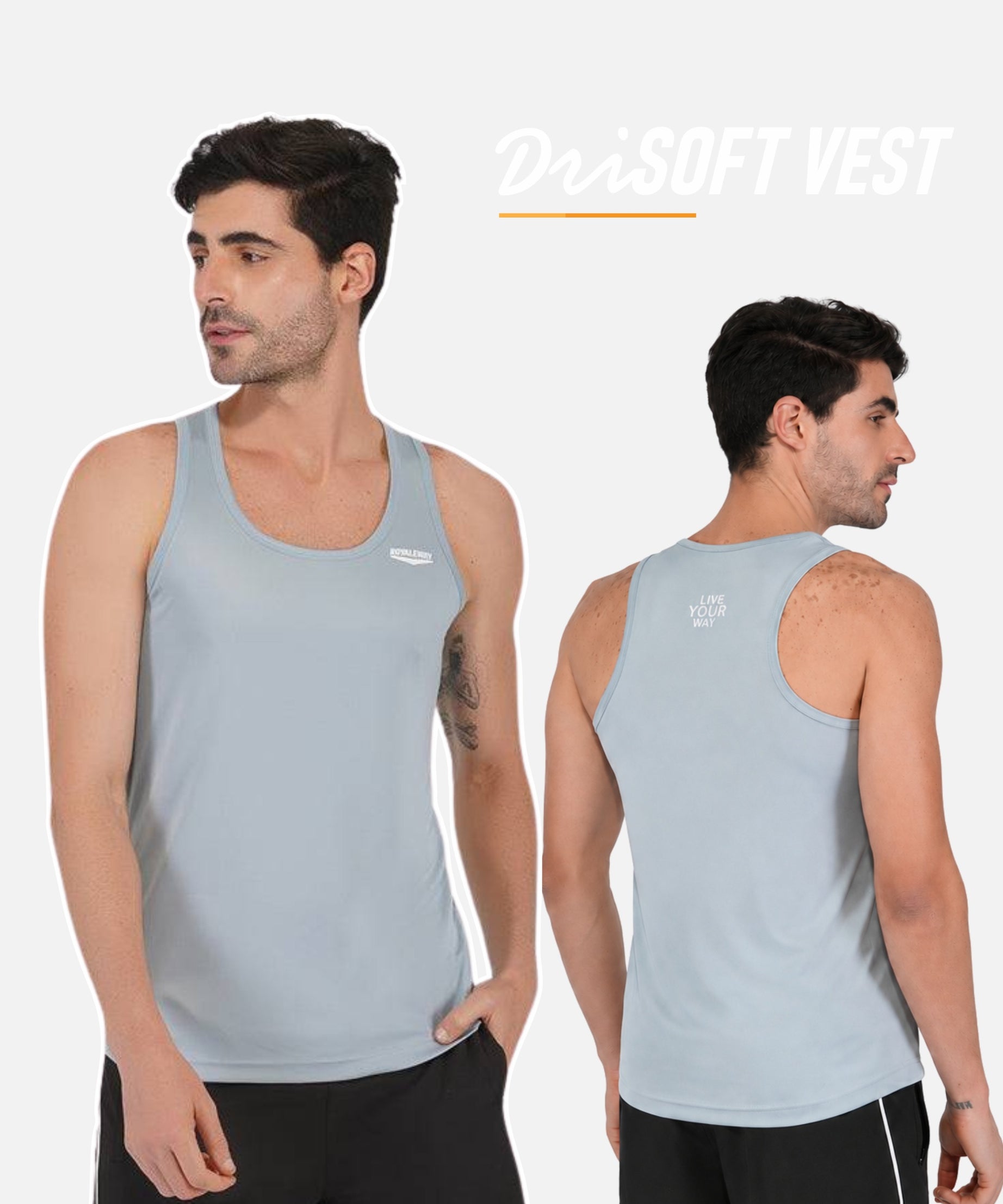 A man modeling a light blue-gray sleeveless athletic vest, shown from both front and back views against a plain light background. The text 'DriSOFT VEST' appears at the top right.