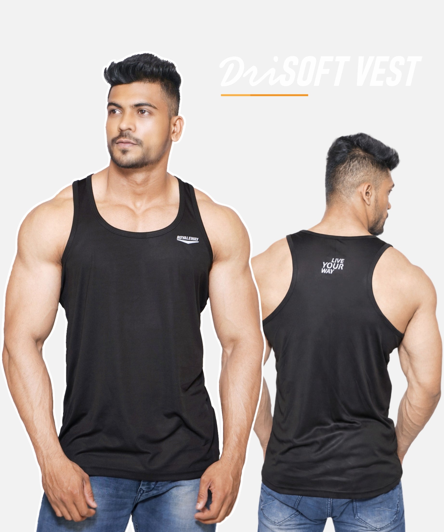 A muscular man modeling a black sleeveless tank top, shown from both the front and back views against a light gray background. The text 'DriSOFT VEST' is visible at the top right.