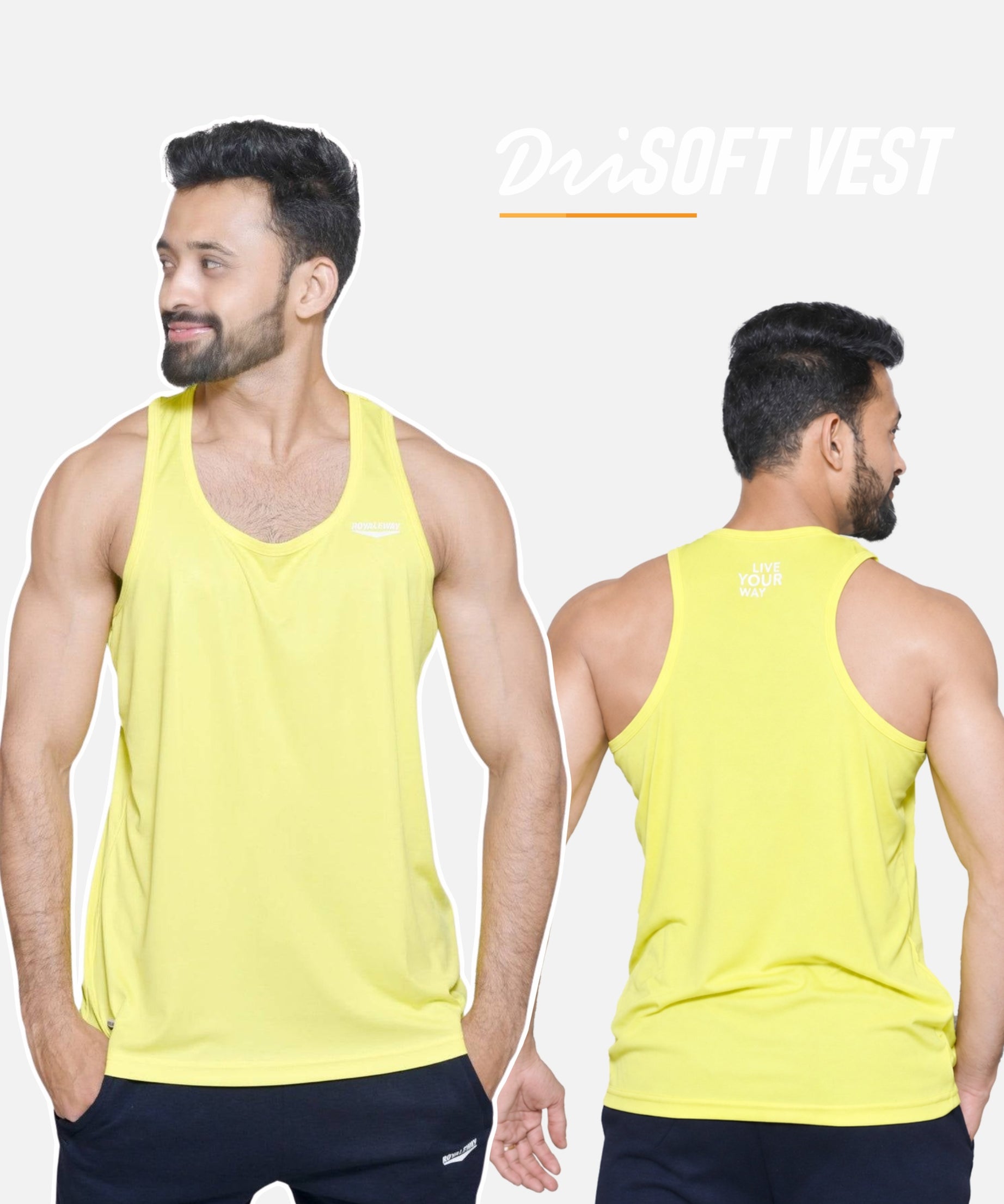 A man modeling a bright yellow sleeveless athletic vest, shown from both the front and back views against a light gray background. The text 'DriSOFT VEST' is visible at the top right.