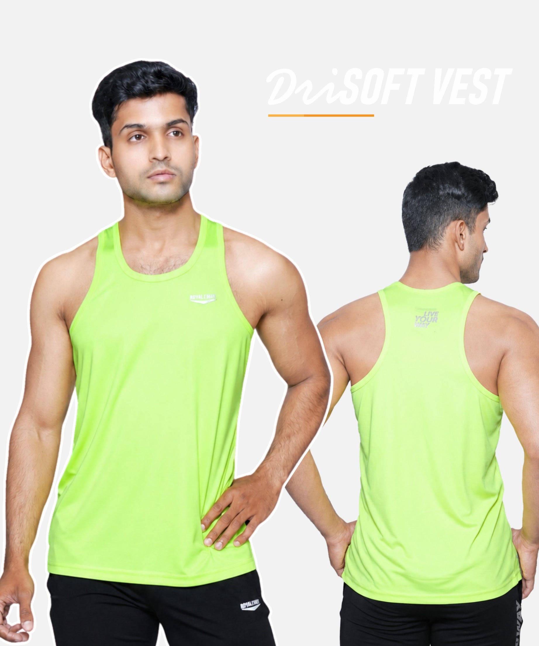 A man modeling a bright neon yellow-green athletic tank top, shown from both front and back views against a light gray background. The text 'DriSOFT VEST' is visible at the top right.
