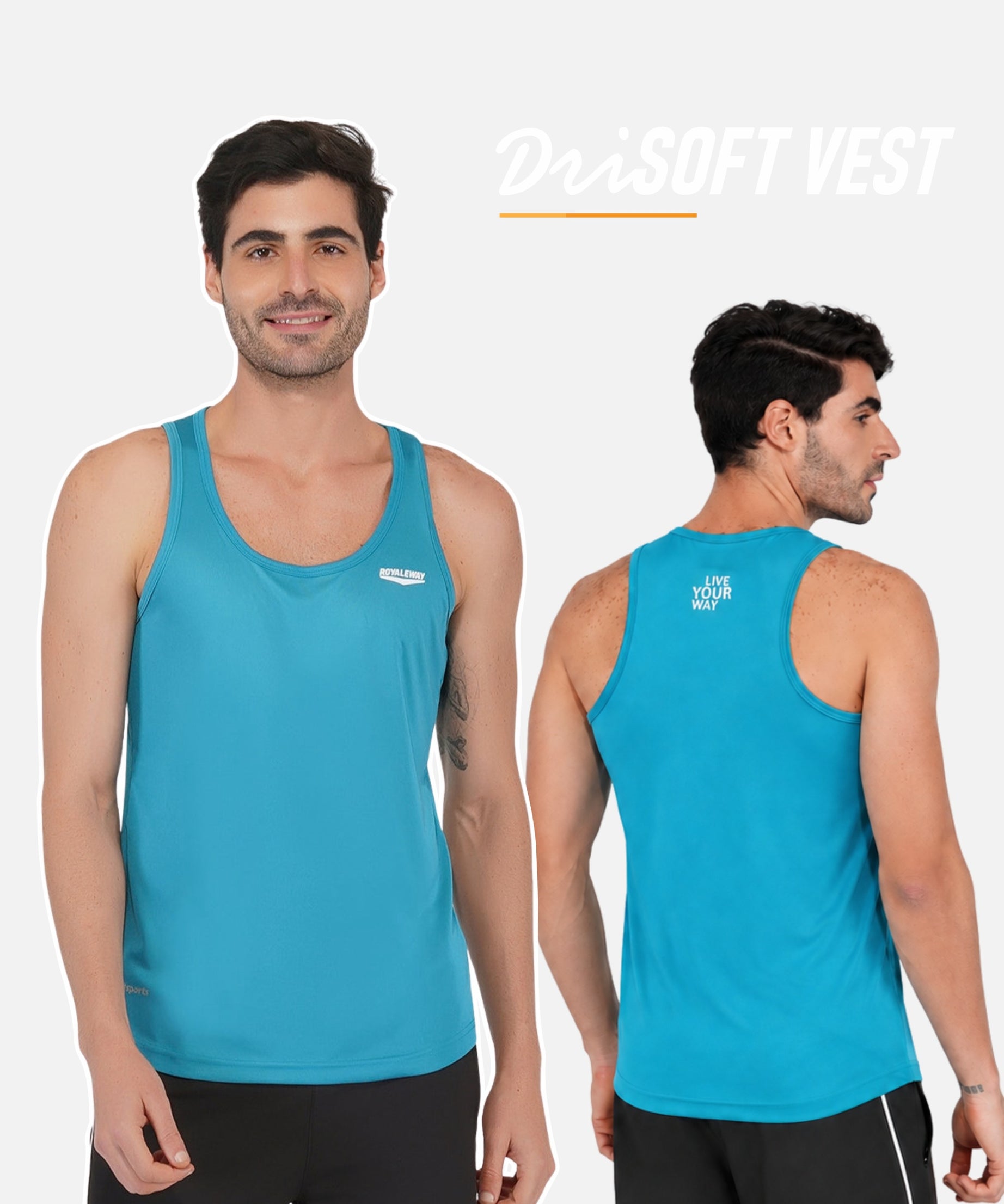A man modeling a bright turquoise athletic tank top, shown from both the front and back against a light gray background. The front features a small white logo on the left chest, and the back displays a white graphic reading 'I LOVE MY ATHLET'.