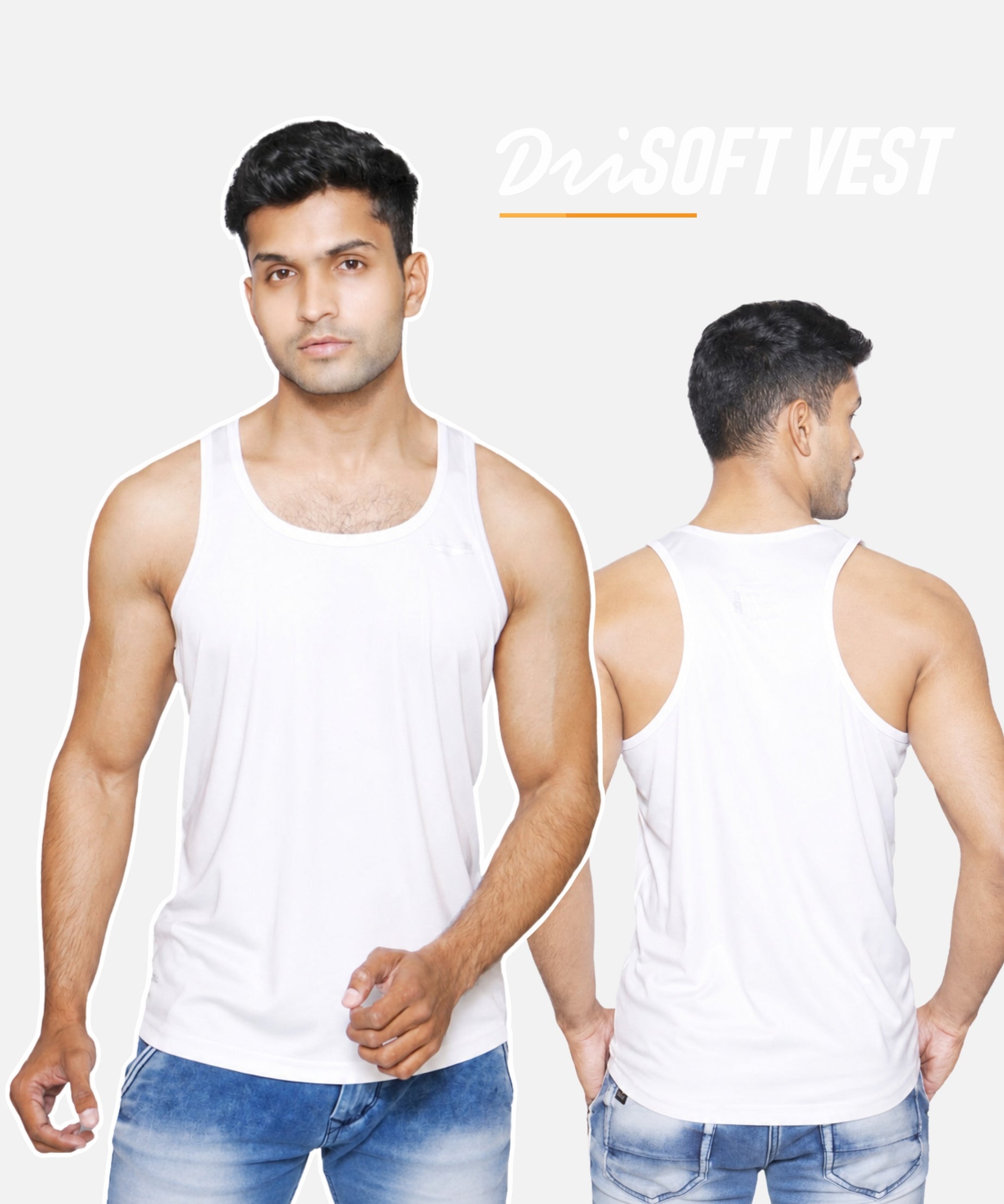 A man modeling a white sleeveless tank top from the front and back against a light gray background, with the text 'DriSOFT VEST' at the top right.