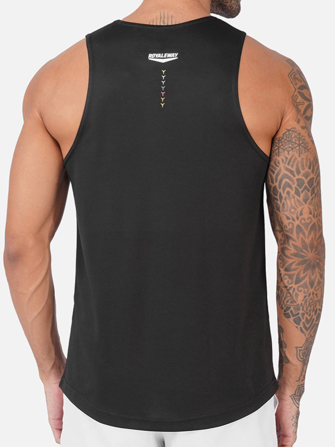 A man wearing a black sleeveless tank top, shown from the back. The tank top has a small white 'DUALFLEX' logo and a vertical line of small colored arrows near the upper back.