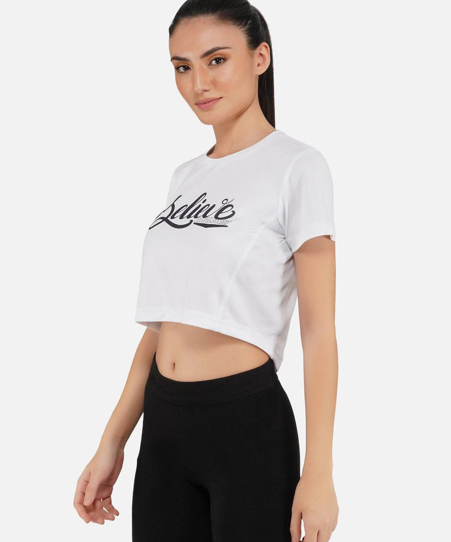 DriDOT Crop Top T Shirt Apparel Long Back Believe White Women RWW2034 Long Back Crop Top - royaleway.com