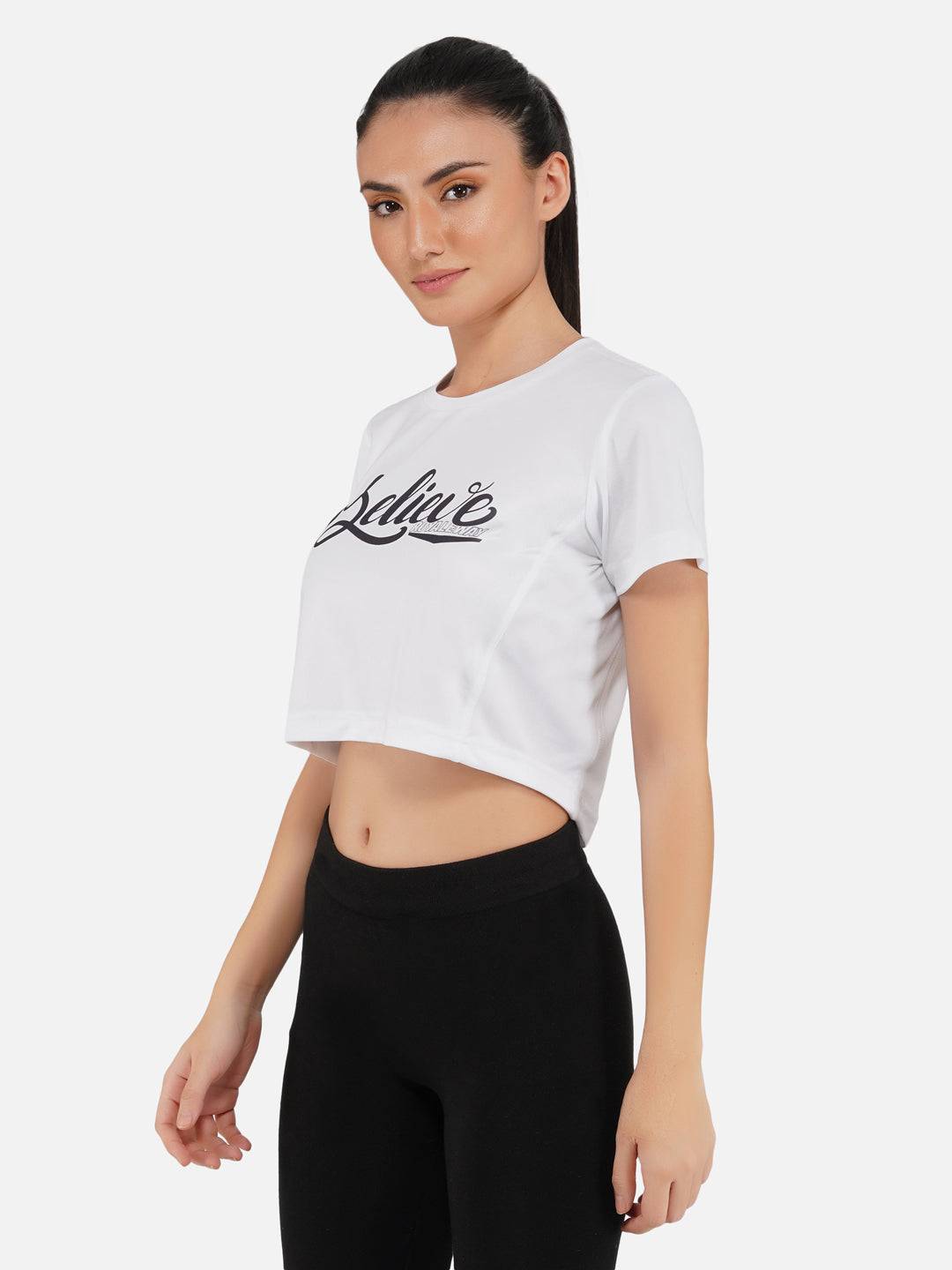 DriDOT Crop Top T Shirt Apparel Long Back Believe White Women RWW2034 Long Back Crop Top - royaleway.com