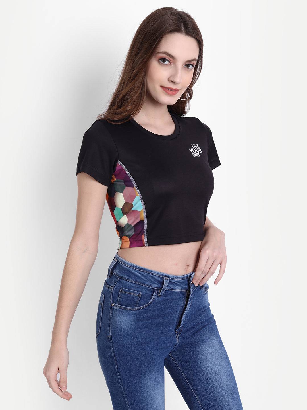 LONG BACK CROP TOP BLACK AND COLOR BLOCK RWW2046