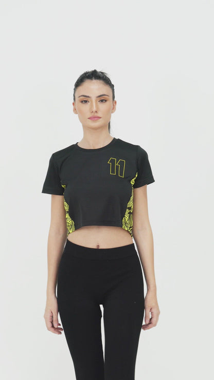 DriDOT Crop Top T Shirt Apparel Long Back Black & Yellow Women RWW2024