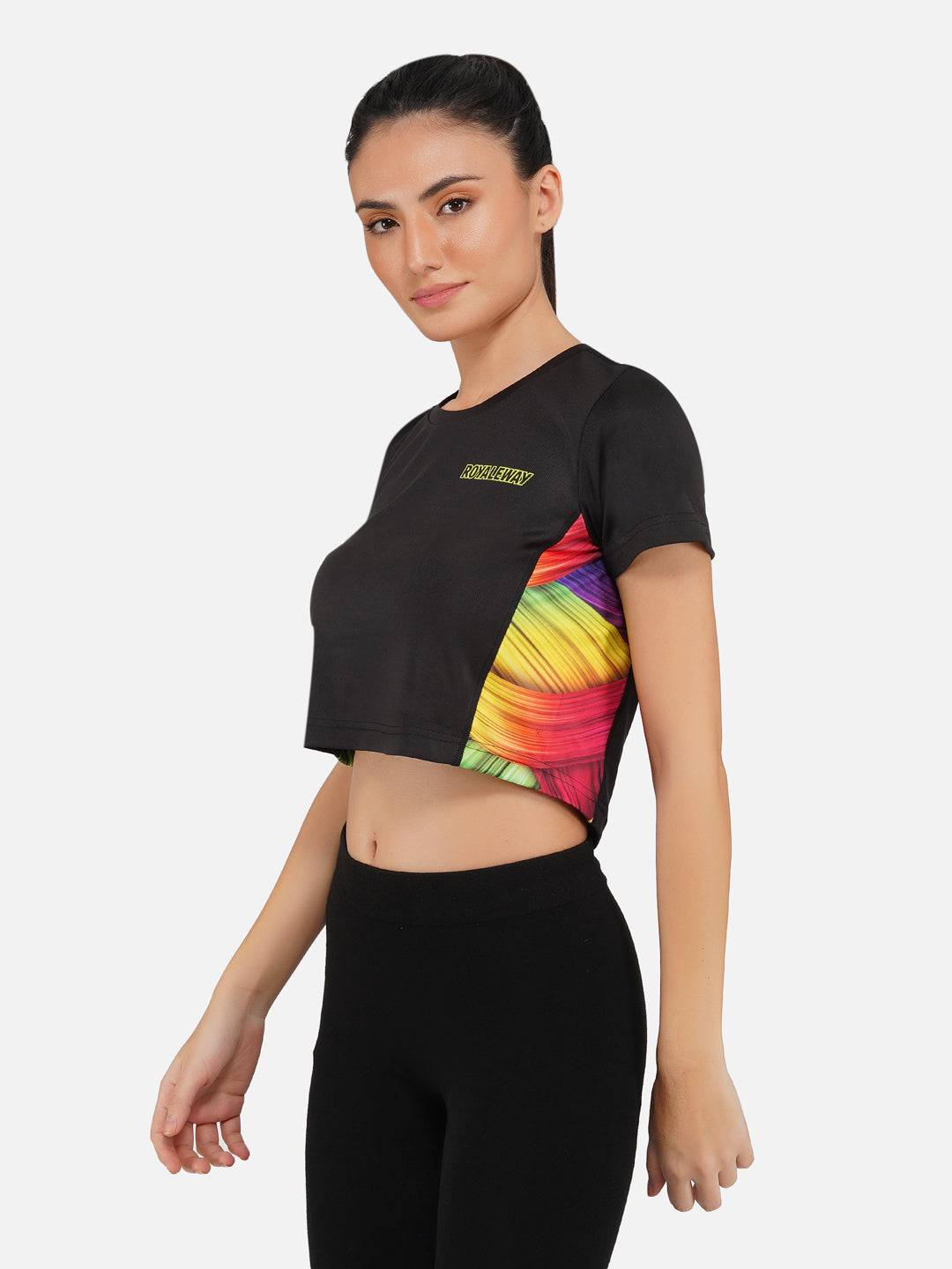LONG BACK CROP TOP BLACK AND MULTI COLOR RWW2030