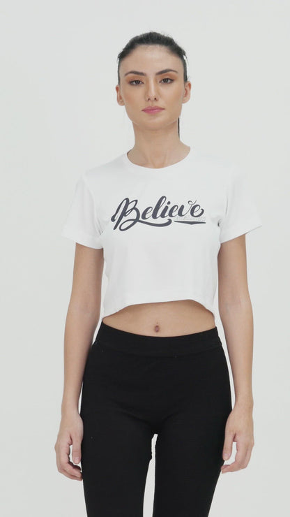 DriDOT Crop Top T Shirt Apparel Long Back Believe White Women RWW2034
